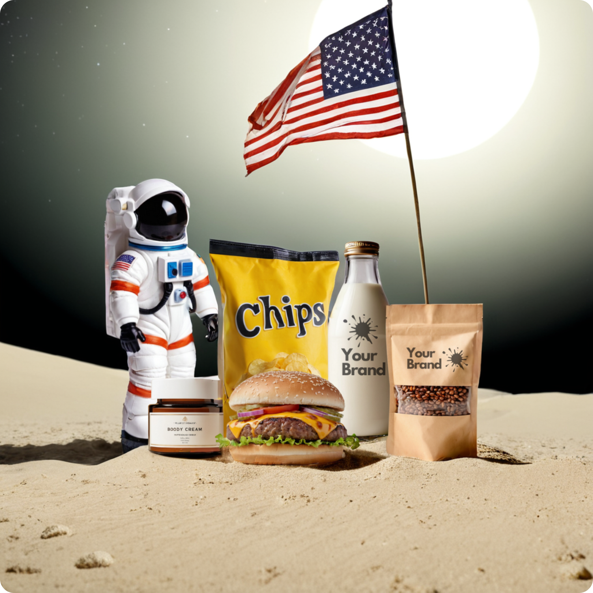 An Image Of Multiple Product Placed Together On Moon With Flag Created Using Ai Tool