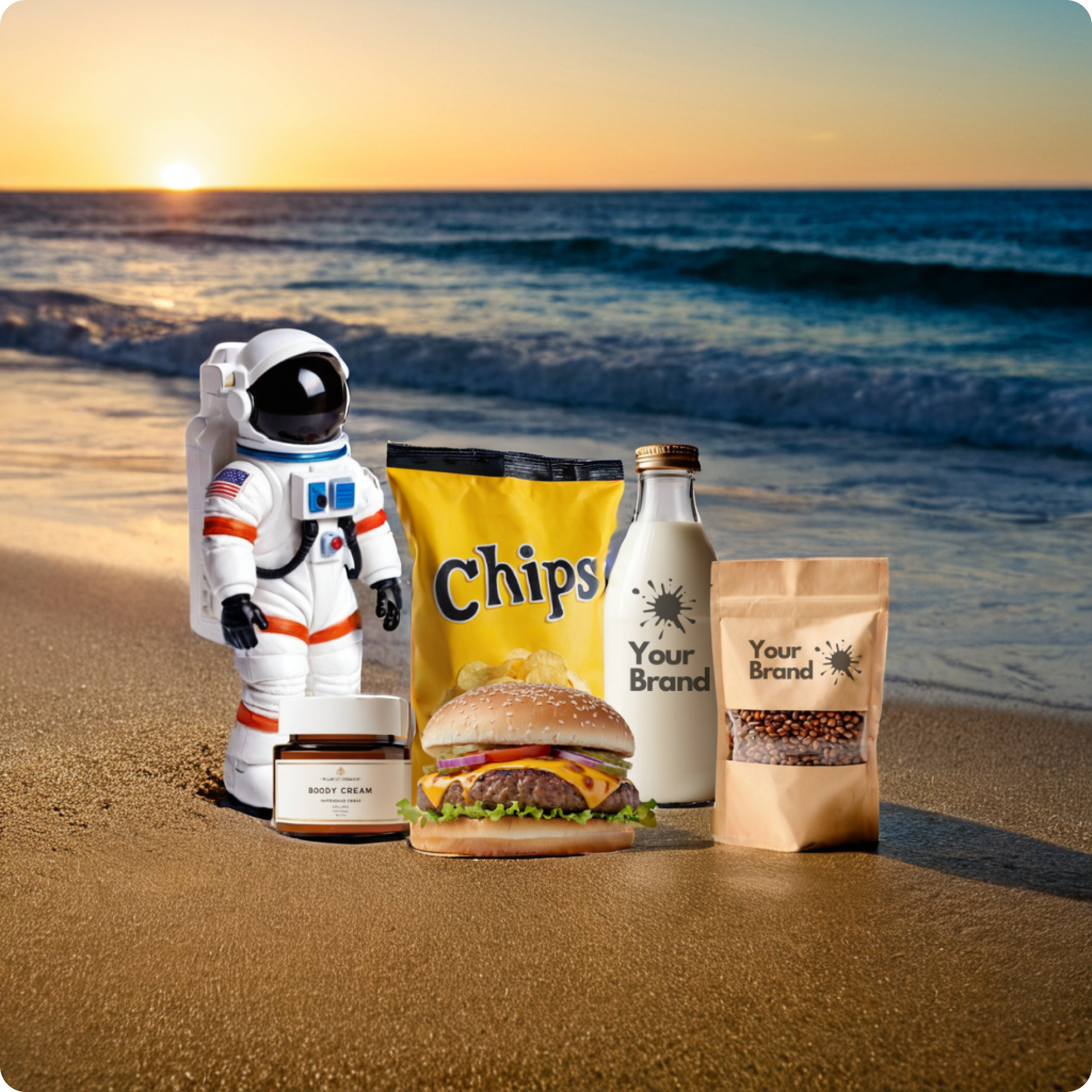 An Image Of Multiple Products With Astronaut Captured On Beach Generated By AI Product Placement Tool